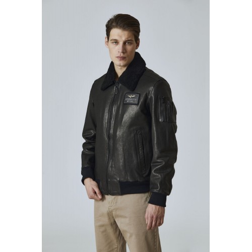 Leather jacket with shearling collar